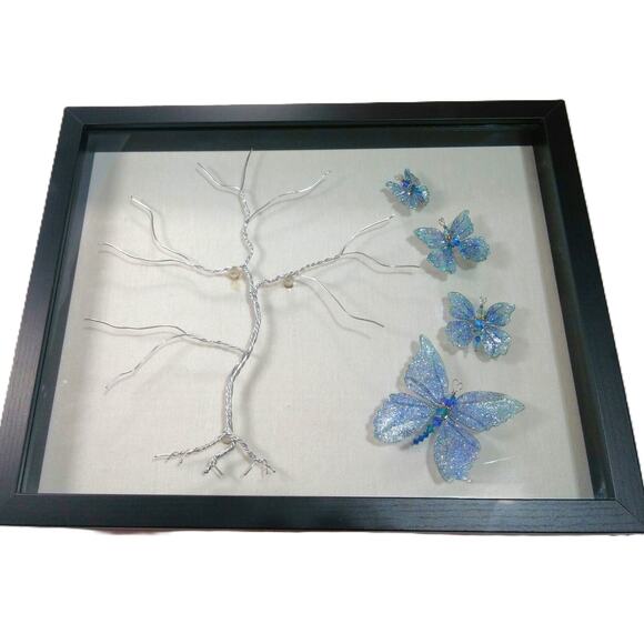 Whimsical Winged Butterflies Framed Art Hand Crafted Wire Tree 15x12 Blue Morpho - Picture 12 of 15